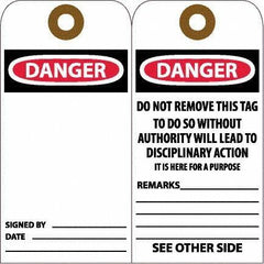 NMC - 6" High x 3" Long, DANGER, English Safety & Facility Accident Prevention Tag - Tag Header: Danger, 2 Sides, White Unrippable Vinyl - Top Tool & Supply