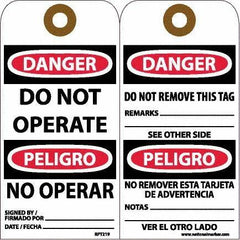 NMC - 6" High x 3" Long, DANGER - DO NOT OPERATE, English & Spanish Safety & Facility Accident Prevention Tag - Tag Header: Danger, 2 Sides, White Unrippable Vinyl - Top Tool & Supply