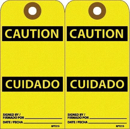 NMC - 6" High x 3" Long, CAUTION, English & Spanish Safety & Facility Accident Prevention Tag - Tag Header: CAUTION, 2 Sides, White Unrippable Vinyl - Top Tool & Supply