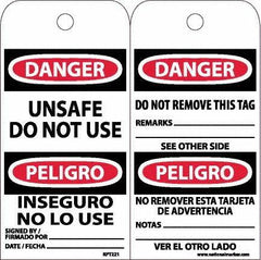 NMC - 6" High x 3" Long, DANGER - UNSAFE DO NOT USE, English & Spanish Safety & Facility Accident Prevention Tag - Tag Header: Danger, 2 Sides, White Unrippable Vinyl - Top Tool & Supply