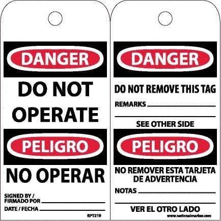 NMC - 6" High x 3" Long, DANGER - DO NOT OPERATE, English & Spanish Safety & Facility Accident Prevention Tag - Tag Header: Danger, 2 Sides, White Unrippable Vinyl - Top Tool & Supply