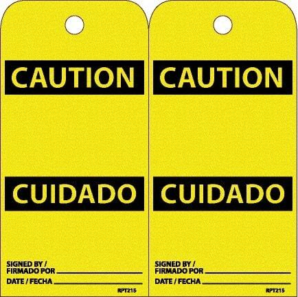 NMC - 6" High x 3" Long, CAUTION, English & Spanish Safety & Facility Accident Prevention Tag - Tag Header: CAUTION, 2 Sides, White Unrippable Vinyl - Top Tool & Supply