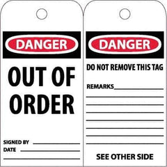 NMC - 6" High x 3" Long, DANGER - OUT OF ORDER, English Safety & Facility Accident Prevention Tag - Tag Header: Danger, 2 Sides, White Poly - Top Tool & Supply