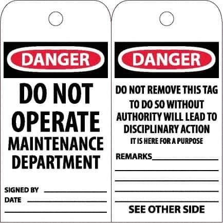 NMC - 6" High x 3" Long, DANGER - DO NOT OPERATE - MAINTENANCE DEPARTMENT, English Safety & Facility Accident Prevention Tag - Tag Header: Danger, 2 Sides, White Poly - Top Tool & Supply