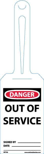 NMC - 11-1/4" High x 3-1/4" Long, Danger - Out of Service, English Safety & Facility Tag - Tag Header: Danger, 1 Side, White Unrippable Vinyl - Top Tool & Supply