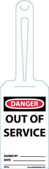 NMC - 11-1/4" High x 3-1/4" Long, Danger - Out of Service, English Safety & Facility Tag - Tag Header: Danger, 1 Side, White Unrippable Vinyl - Top Tool & Supply