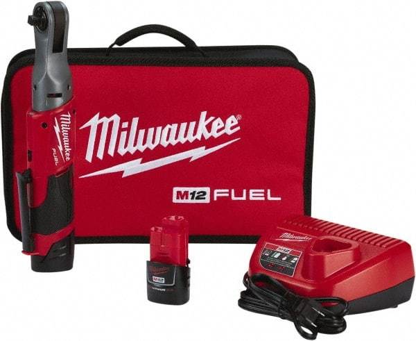 Milwaukee Tool - 3/8" Drive 12 Volt Pistol Grip Cordless Impact Wrench & Ratchet - 200 RPM, 55 Ft/Lb Torque, 2 Lithium-Ion Batteries Included - Top Tool & Supply