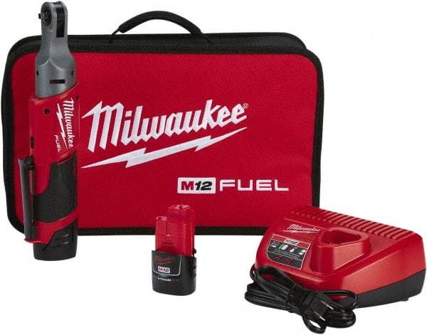 Milwaukee Tool - 1/4" Drive 12 Volt Pistol Grip Cordless Impact Wrench & Ratchet - 250 RPM, 40 Ft/Lb Torque, 2 Lithium-Ion Batteries Included - Top Tool & Supply