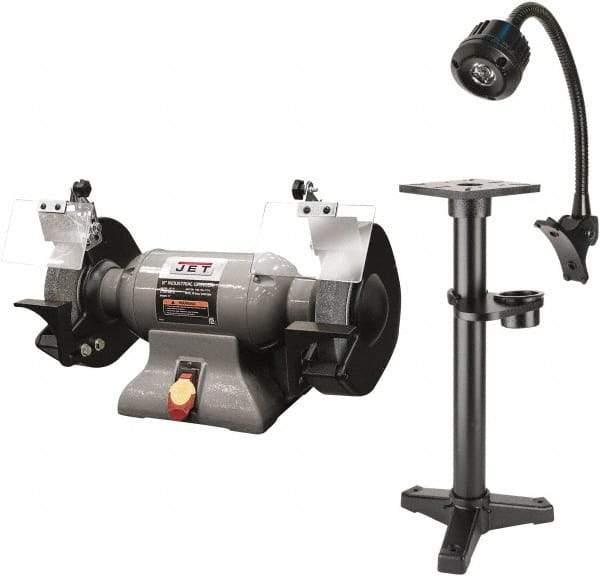 Jet - 8" Wheel Diam x 1" Wheel Width, 1 hp Grinder - 0.63" Arbor Hole Diam, 1 Phase, 3,450 Max RPM, 115 Volts - Top Tool & Supply