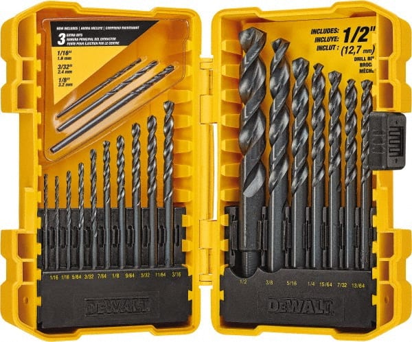 Drill Bit Set: Jobber Length Drill Bits, 20 Pc, 135 °, High Speed Steel Oxide, Pilot-Point, Straight Shank