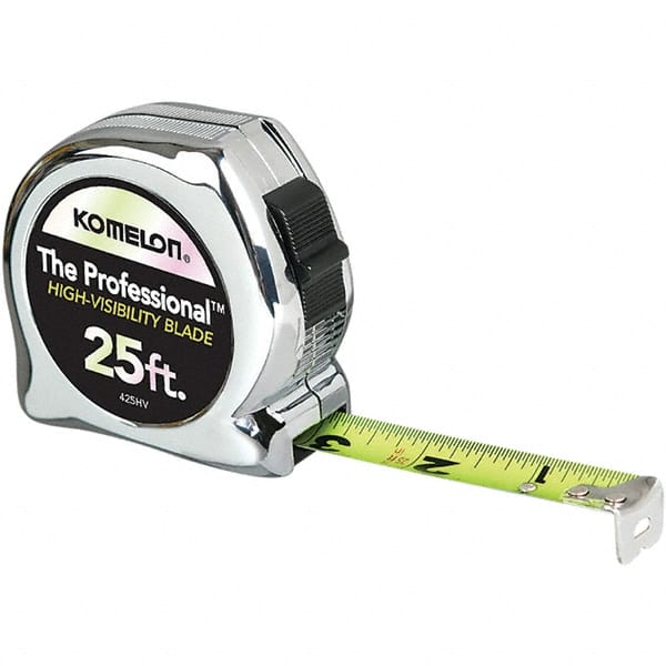 Tape Measure: 25' Long, 1″ Width, Yellow Blade 1/16″ Graduation, Inch Graduation, Silver Case