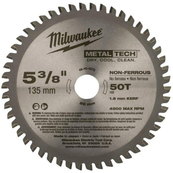 Milwaukee Tool - 5-3/8" Diam, 20mm Arbor Hole Diam, 50 Tooth Wet & Dry Cut Saw Blade - Carbide-Tipped, Standard Round Arbor - Top Tool & Supply