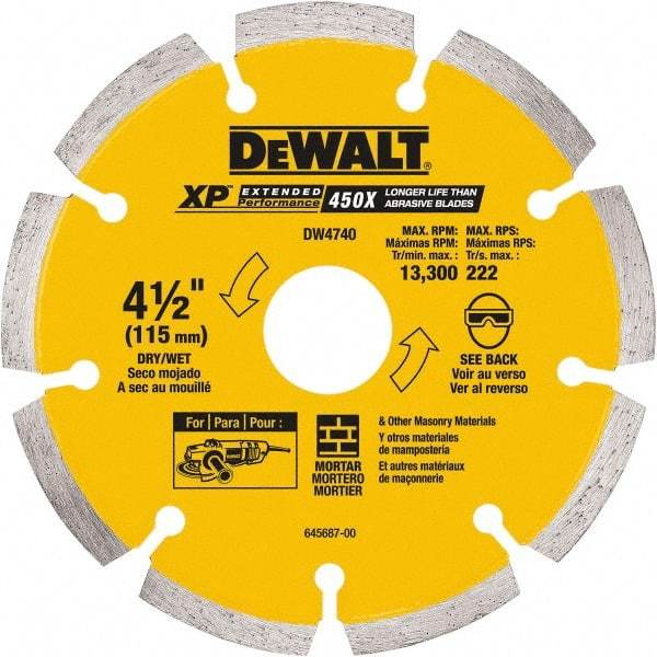 DeWALT - 4-1/2" Diam, 7/8" Arbor Hole Diam, Wet & Dry Cut Saw Blade - Diamond-Tipped, Standard Round Arbor - Top Tool & Supply