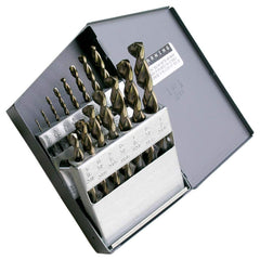 Drill Bit Set: Jobber Length Drill Bits, 15 Pc, 0.0625″ to 0.5″ Drill Bit Size, 135 °, High Speed Steel Gold Finish & Oxide, Split-Point, Straight Shank, Series 1872