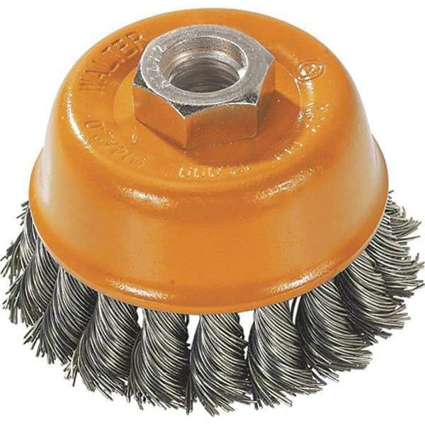 WALTER Surface Technologies - 3" Diam, 5/8-11 Threaded Arbor, Steel Fill Cup Brush - 0.02 Wire Diam, 12,000 Max RPM - Top Tool & Supply