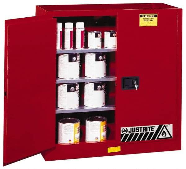 Justrite - 2 Door, 3 Shelf, Red Steel Standard Safety Cabinet for Flammable and Combustible Liquids - 44" High x 43" Wide x 18" Deep, Manual Closing Door, 3 Point Key Lock, 40 Gal Capacity - Top Tool & Supply