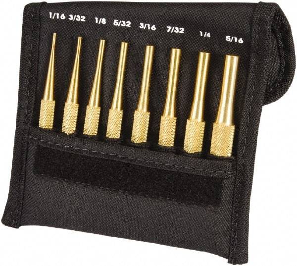 Starrett - 8 Piece, 1/16 to 5/16", Pin Punch Set - Round Shank, Brass, Comes in Pouch - Top Tool & Supply