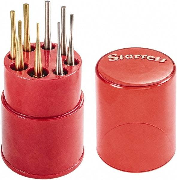 Starrett - 8 Piece, 1/16 to 5/32", Pin Punch Set - Round Shank, Brass & Steel, Comes in Plastic Tube - Top Tool & Supply