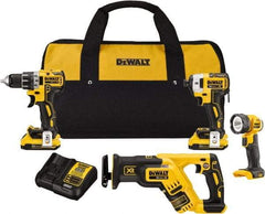 DeWALT - 20 Volt Cordless Tool Combination Kit - Includes 1/2" Drill/Driver, 1/4" Impact Driver, Reciprocating Saw & LED Worklight, Lithium-Ion Battery Included - Top Tool & Supply