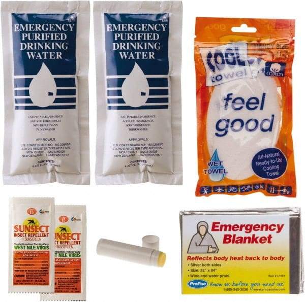 PRO-SAFE - Emergency Preparedness Kits Type: Cool Down Emergency Kit Contents: (2) Emergency Drinking Water Packets; (2) Sunscreen + Insect Repellant Cream; Cooling Towel; Emergency Mylar Blanket; Lip Balm - Top Tool & Supply