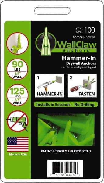 WallClaw Anchors - #8 Screw, 1/2" Diam, 2" Long, 1/4" Thick, Hammer-In Drywall & Hollow Wall Anchor - Nylon, Use with Drywall & Hollow Wall - Top Tool & Supply