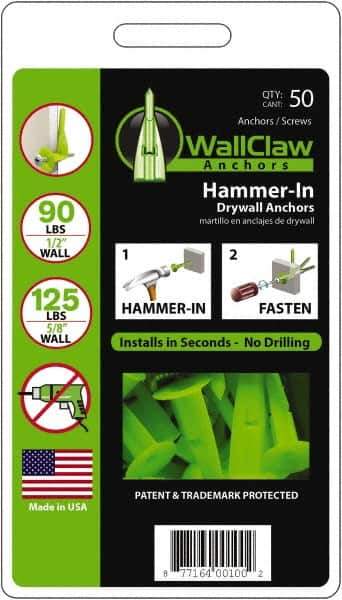 WallClaw Anchors - #8 Screw, 1/2" Diam, 2" Long, 1/4" Thick, Hammer-In Drywall & Hollow Wall Anchor - Nylon, Use with Drywall & Hollow Wall - Top Tool & Supply