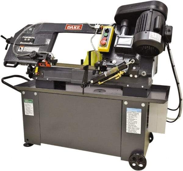 Dake - 9 x 12" Max Capacity, Manual Step Pulley Horizontal Bandsaw - 98 to 328 SFPM Blade Speed, 110 Volts, 45°, 1 hp, 1 Phase - Top Tool & Supply