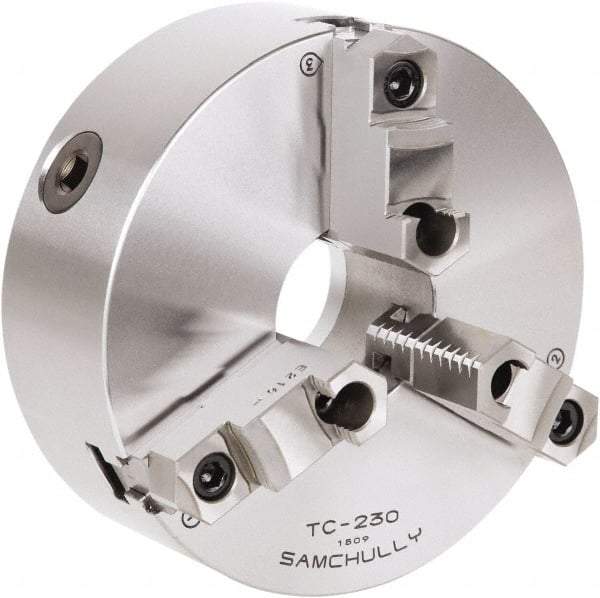 Samchully - 3 Jaw, 232mm Diam, Self Centering Manual Lathe Chuck - Rear Mount, Adjustable, 75mm Through Hole Diam, Forged Steel - Top Tool & Supply