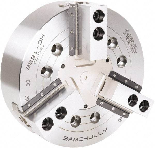 Samchully - 3 Jaw, 450mm Chuck Diam, Plain Back Mount, 0mm Through Hole Diam, Drawbar Hydraulic Power Lathe Chuck - 1.5mm x 60° Serrated Jaw Interface, 2,710 RPM, Steel Body - Top Tool & Supply