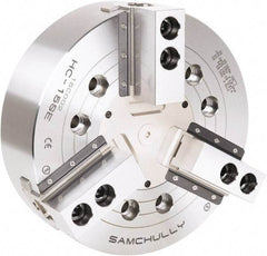 Samchully - 3 Jaw, 381mm Chuck Diam, Plain Back Mount, 0mm Through Hole Diam, Drawbar Hydraulic Power Lathe Chuck - 1.5mm x 60° Serrated Jaw Interface, 3,040 RPM, Steel Body - Top Tool & Supply