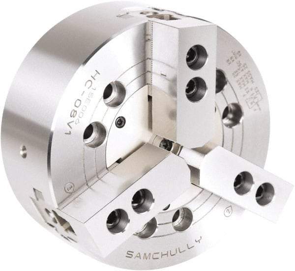 Samchully - 3 Jaw, 254mm Chuck Diam, Plain Back Mount, 0mm Through Hole Diam, Drawbar Hydraulic Power Lathe Chuck - 1.5mm x 60° Serrated Jaw Interface, 4,010 RPM, Steel Body - Top Tool & Supply