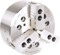 Samchully - 3 Jaw, 1000mm Chuck Diam, Plain Back Mount, 0mm Through Hole Diam, Drawbar Hydraulic Power Lathe Chuck - 3mm x 60° Serrated Jaw Interface, 630 RPM, Steel Body - Top Tool & Supply