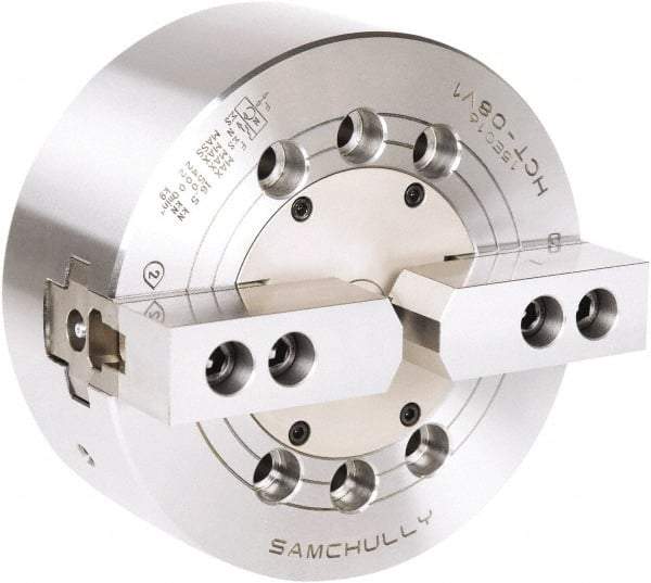 Samchully - 2 Jaw, 110mm Chuck Diam, Plain Back Mount, 0mm Through Hole Diam, Drawbar Hydraulic Power Lathe Chuck - 1.5mm x 60° Serrated Jaw Interface, 6,000 RPM, Steel Body - Top Tool & Supply