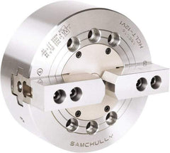 Samchully - 2 Jaw, 210mm Chuck Diam, Plain Back Mount, 0mm Through Hole Diam, Drawbar Hydraulic Power Lathe Chuck - 1.5mm x 60° Serrated Jaw Interface, 3,600 RPM, Steel Body - Top Tool & Supply