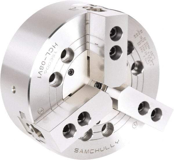 Samchully - 3 Jaw, 165mm Chuck Diam, Plain Back Mount, 0mm Through Hole Diam, Drawbar Hydraulic Power Lathe Chuck - 1.5mm x 60° Serrated Jaw Interface, 4,300 RPM, Steel Body - Top Tool & Supply