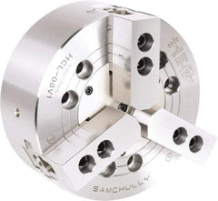 Samchully - 3 Jaw, 254mm Chuck Diam, Plain Back Mount, 0mm Through Hole Diam, Drawbar Hydraulic Power Lathe Chuck - 1.5mm x 60° Serrated Jaw Interface, 3,100 RPM, Steel Body - Top Tool & Supply