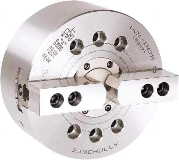 Samchully - 2 Jaw, 381mm Chuck Diam, Plain Back Mount, 0mm Through Hole Diam, Drawtube Hydraulic Power Lathe Chuck - 1.5mm x 60° Serrated Jaw Interface, 2,500 RPM, Steel Body - Top Tool & Supply