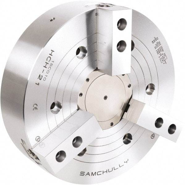 Samchully - 3 Jaw, 610mm Chuck Diam, Plain Back Mount, 165mm Through Hole Diam, Drawtube Hydraulic Power Lathe Chuck - 3mm x 60° Serrated Jaw Interface, 1,500 RPM, Steel Body - Top Tool & Supply