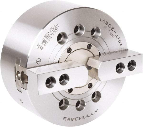 Samchully - 2 Jaw, 210mm Chuck Diam, Plain Back Mount, 66mm Through Hole Diam, Drawtube Hydraulic Power Lathe Chuck - 1.5mm x 60° Serrated Jaw Interface, 5,000 RPM, Steel Body - Top Tool & Supply