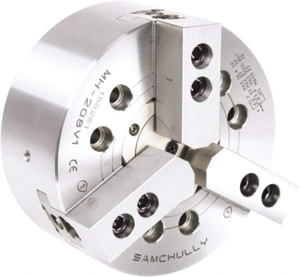 Samchully - 3 Jaw, 457mm Chuck Diam, Plain Back Mount, 166.5mm Through Hole Diam, Drawtube Hydraulic Power Lathe Chuck - 3mm x 60° Serrated Jaw Interface, 2,000 RPM, Steel Body - Top Tool & Supply