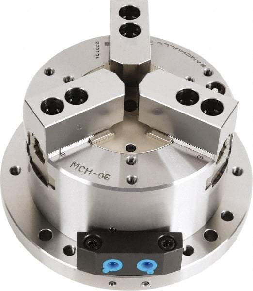 Samchully - 3 Jaw, 255mm Chuck Diam, Plain Back Mount, 0mm Through Hole Diam, Self-Contained Hydraulic Power Lathe Chuck - 1.5mm x 60° Serrated Jaw Interface, Steel Body - Top Tool & Supply