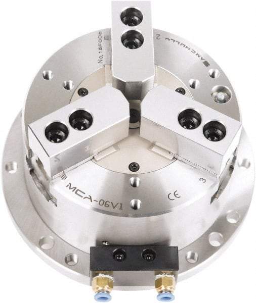 Samchully - 3 Jaw, 300mm Chuck Diam, Plain Back Mount, 0mm Through Hole Diam, Self-Contained Air Power Lathe Chuck - 1.5mm x 60° Serrated Jaw Interface, Steel Body - Top Tool & Supply