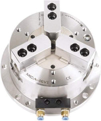 Samchully - 3 Jaw, 203mm Chuck Diam, Plain Back Mount, 0mm Through Hole Diam, Self-Contained Air Power Lathe Chuck - 1.5mm x 60° Serrated Jaw Interface, Steel Body - Top Tool & Supply