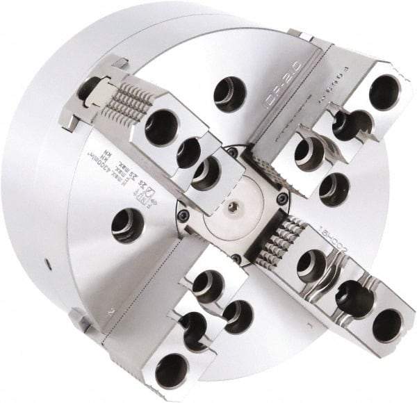 Samchully - 4 Jaw, 210mm Chuck Diam, Plain Back Mount, 0mm Through Hole Diam, Drawbar Hydraulic Power Lathe Chuck - 1.5mm x 60° Serrated Jaw Interface, 4,000 RPM, Steel Body - Top Tool & Supply