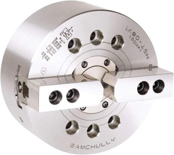 Samchully - 2 Jaw, 304mm Chuck Diam, Plain Back Mount, 91mm Through Hole Diam, Drawtube Hydraulic Power Lathe Chuck - 1.5mm x 60° Serrated Jaw Interface, 3,300 RPM, Steel Body - Top Tool & Supply