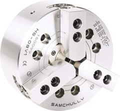 Samchully - 3 Jaw, 210mm Chuck Diam, Plain Back Mount, 52mm Through Hole Diam, Drawtube Hydraulic Power Lathe Chuck - 1.5mm x 60° Serrated Jaw Interface, 5,000 RPM, Steel Body - Top Tool & Supply