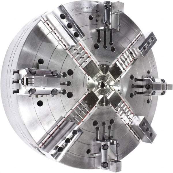 Samchully - 4 Jaw, 1400mm Chuck Diam, Plain Back Mount, 0mm Through Hole Diam, Drawbar Hydraulic Power Lathe Chuck - Tongue & Groove Jaw Interface, 400 RPM, Steel Body - Top Tool & Supply