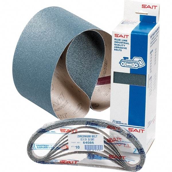 Sait - 1/2" Wide x 18" OAL, 50 FEPA Grit, Zirconia Alumina Abrasive Belt - Zirconia Alumina, Coarse, Coated, Y Weighted Cloth Backing, Wet/Dry, Series Z-H - Top Tool & Supply