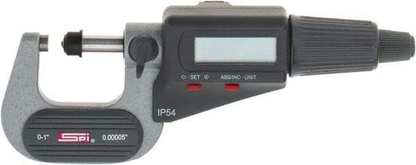 SPI - 0 to 1" Range, 0.00005" Resolution, Standard Throat IP54 Electronic Outside Micrometer - 0.00016" Accuracy, Friction Thimble, Carbide-Tipped Face, LR44 Battery, Includes NIST Traceable Certification of Inspection - Top Tool & Supply