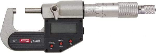 SPI - 4 to 5" Range, 0.00005" Resolution, Standard Throat IP65 Electronic Outside Micrometer - 0.0002" Accuracy, Ratchet Stop Thimble, Carbide-Tipped Face, LR44 Battery, Includes NIST Traceable Certification of Inspection - Top Tool & Supply